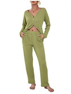 Womens Waffle Knit Pajamas Long Sleeve Lounge Set Button-Down Pjs Loungewear with Pockets