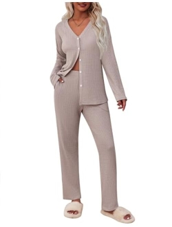 Womens Waffle Knit Pajamas Long Sleeve Lounge Set Button-Down Pjs Loungewear with Pockets