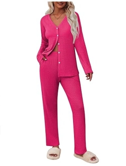 Womens Waffle Knit Pajamas Long Sleeve Lounge Set Button-Down Pjs Loungewear with Pockets