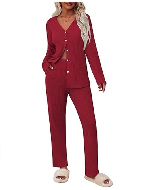 Ekouaer Womens Waffle Knit Pajamas Long Sleeve Lounge Set Button-Down Pjs Loungewear with Pockets