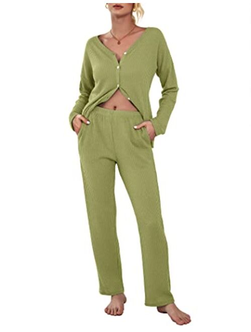 Ekouaer Womens Waffle Knit Pajamas Long Sleeve Lounge Set Button-Down Pjs Loungewear with Pockets