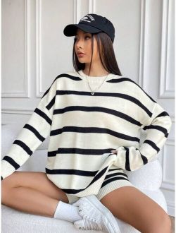 Striped Pattern Drop Shoulder Sweater & Knit Shorts