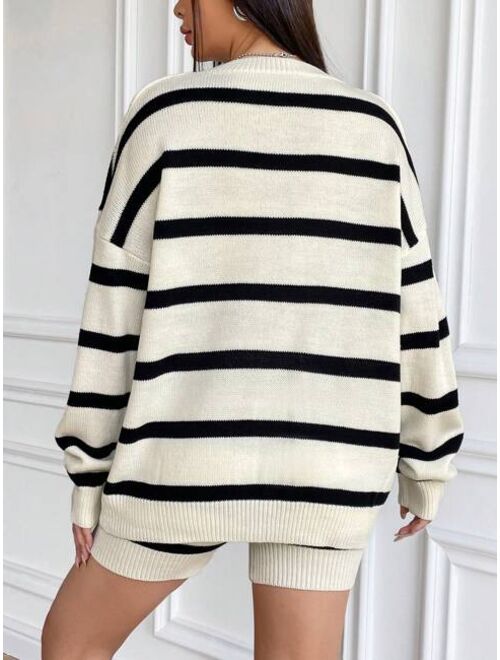 Shein Striped Pattern Drop Shoulder Sweater & Knit Shorts