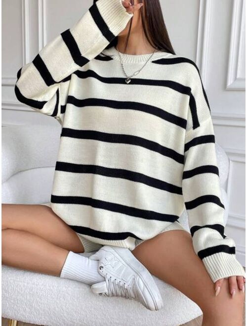 Shein Striped Pattern Drop Shoulder Sweater & Knit Shorts