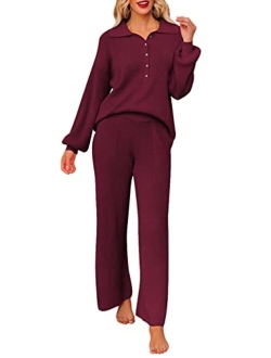 Pink Queen Women's 2 Piece Outfit Sweater Set Long Sleeve Button Knit Pullover Top Wide Leg Pants Pocket Sweatsuit