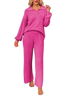 Pink Queen Women's 2 Piece Outfit Sweater Set Long Sleeve Button Knit Pullover Top Wide Leg Pants Pocket Sweatsuit