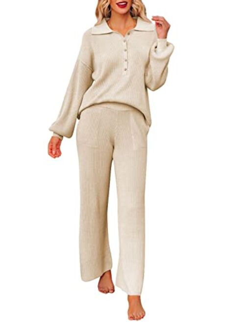 Pink Queen Women's 2 Piece Outfit Sweater Set Long Sleeve Button Knit Pullover Top Wide Leg Pants Pocket Sweatsuit