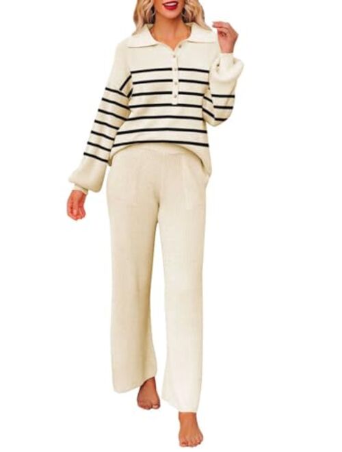 Pink Queen Women's 2 Piece Outfit Sweater Set Long Sleeve Button Knit Pullover Top Wide Leg Pants Pocket Sweatsuit