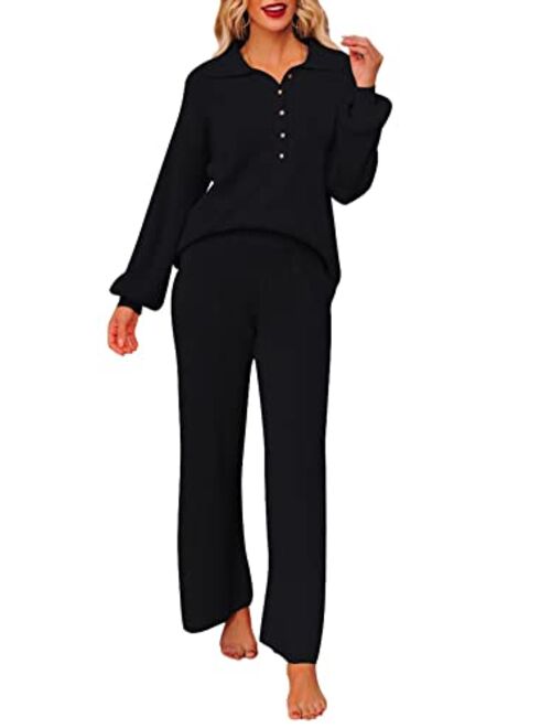 Pink Queen Women's 2 Piece Outfit Sweater Set Long Sleeve Button Knit Pullover Top Wide Leg Pants Pocket Sweatsuit