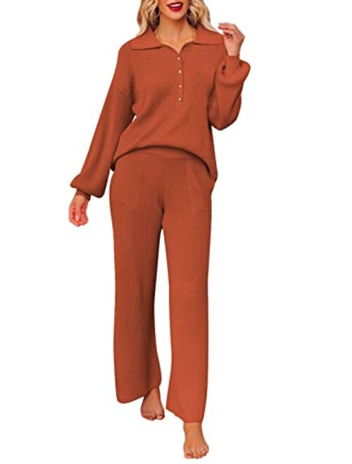 Pink Queen Women's 2 Piece Outfit Sweater Set Long Sleeve Button Knit Pullover Top Wide Leg Pants Pocket Sweatsuit