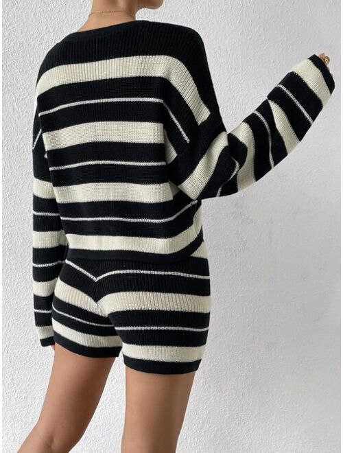 SHEIN Essnce Striped Pattern Drop Shoulder Sweater & Knit Shorts