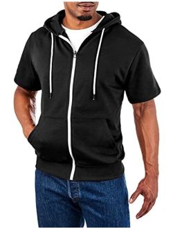 Ohoo Mens Slim Fit Short Sleeve Lightweight Zip-up Hoodie With Kanga Pocket