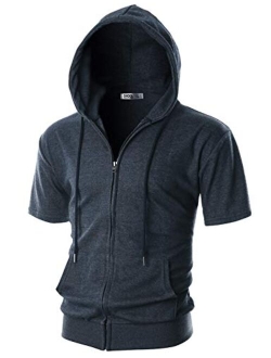 Ohoo Mens Slim Fit Short Sleeve Lightweight Zip-up Hoodie With Kanga Pocket