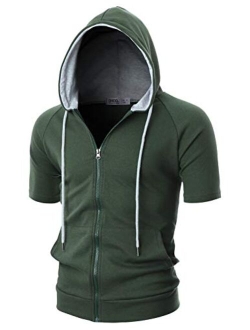 Ohoo Mens Slim Fit Short Sleeve Lightweight Zip-up Hoodie With Kanga Pocket