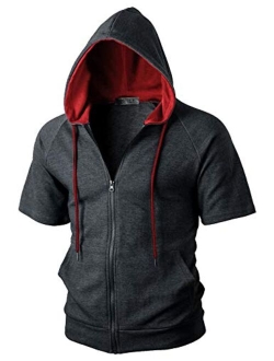 Ohoo Mens Slim Fit Short Sleeve Lightweight Zip-up Hoodie With Kanga Pocket