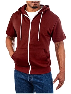 Ohoo Mens Slim Fit Short Sleeve Lightweight Zip-up Hoodie With Kanga Pocket