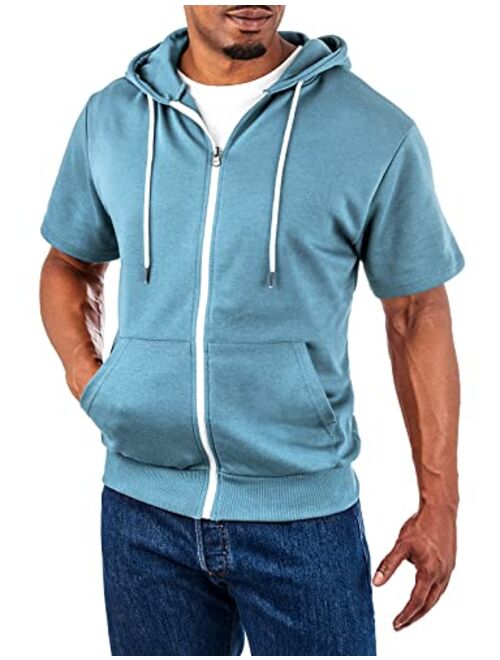 Ohoo Mens Slim Fit Short Sleeve Lightweight Zip-up Hoodie With Kanga Pocket