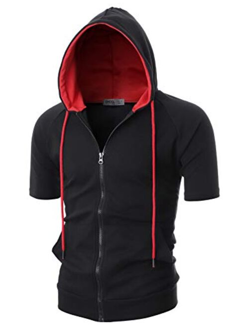 Ohoo Mens Slim Fit Short Sleeve Lightweight Zip-up Hoodie With Kanga Pocket