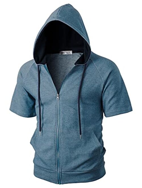 Ohoo Mens Slim Fit Short Sleeve Lightweight Zip-up Hoodie With Kanga Pocket