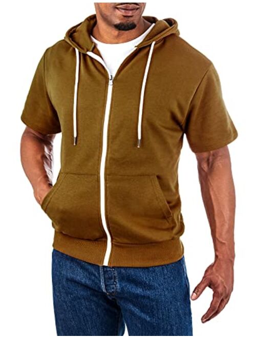 Ohoo Mens Slim Fit Short Sleeve Lightweight Zip-up Hoodie With Kanga Pocket