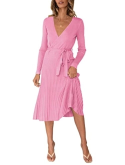 Pink Queen Women's Wrap Sweater Dress V Neck Long Sleeve Ribbed Swing Knit Midi Dresses with Belt