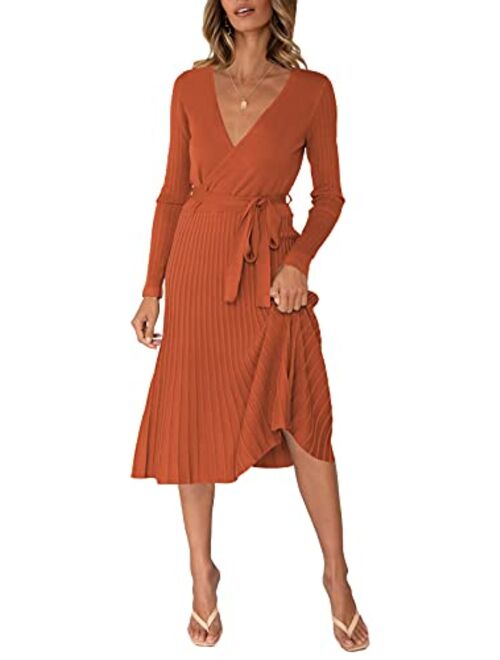 Pink Queen Women's Wrap Sweater Dress V Neck Long Sleeve Ribbed Swing Knit Midi Dresses with Belt