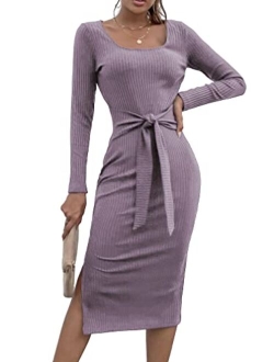 Women's Long Sleeve Square Neck Slit Bodycon Sweater Dress Tie Waist Ribbed Slim Fit Knit Midi Dress