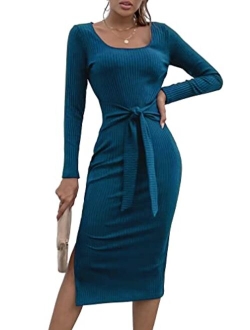 Women's Long Sleeve Square Neck Slit Bodycon Sweater Dress Tie Waist Ribbed Slim Fit Knit Midi Dress