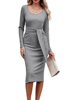 Women's Long Sleeve Square Neck Slit Bodycon Sweater Dress Tie Waist Ribbed Slim Fit Knit Midi Dress