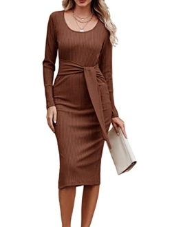 Women's Long Sleeve Square Neck Slit Bodycon Sweater Dress Tie Waist Ribbed Slim Fit Knit Midi Dress