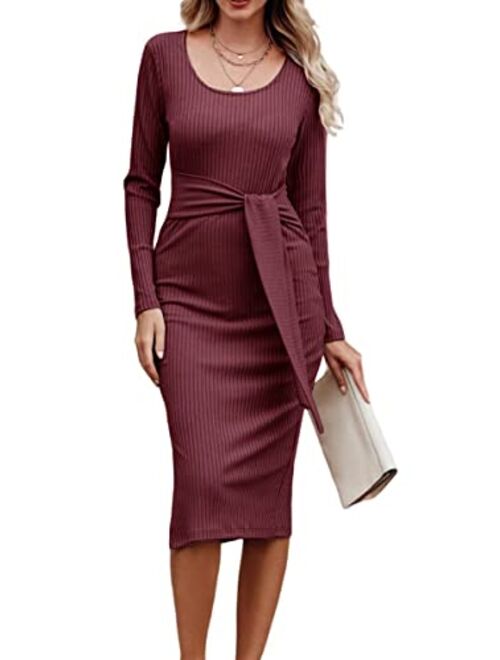 PRETTYGARDEN Women's Long Sleeve Square Neck Slit Bodycon Sweater Dress Tie Waist Ribbed Slim Fit Knit Midi Dress