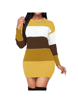 Koinshha Women's Bodycon Color Block Mini Pullover Sweater Dress Slim Fit Warm Fall Winter Pullover Sweater Dress