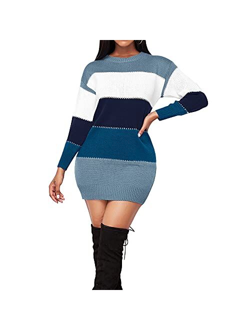 Koinshha Women's Bodycon Color Block Mini Pullover Sweater Dress Slim Fit Warm Fall Winter Pullover Sweater Dress