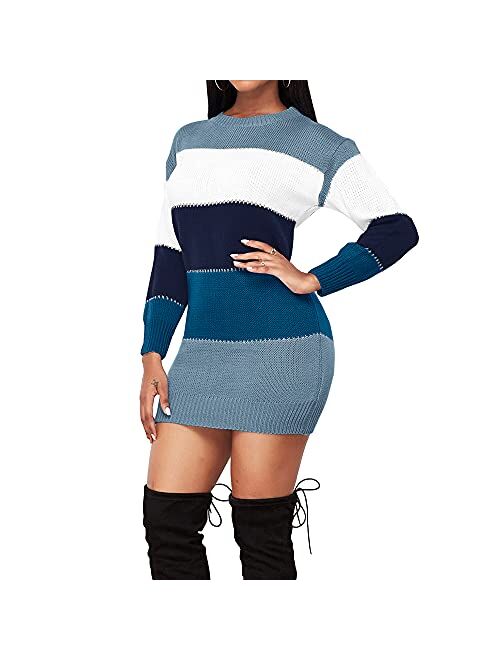 Koinshha Women's Bodycon Color Block Mini Pullover Sweater Dress Slim Fit Warm Fall Winter Pullover Sweater Dress