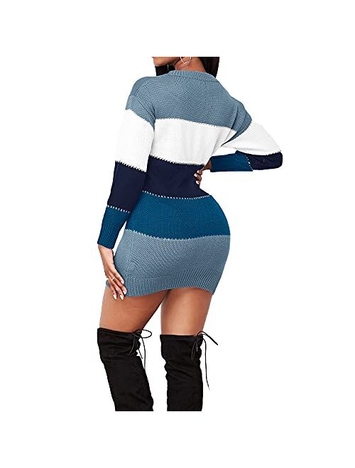 Koinshha Women's Bodycon Color Block Mini Pullover Sweater Dress Slim Fit Warm Fall Winter Pullover Sweater Dress