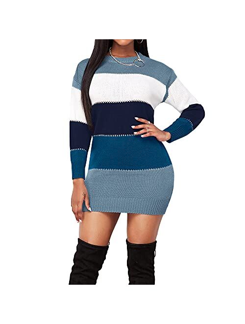 Koinshha Women's Bodycon Color Block Mini Pullover Sweater Dress Slim Fit Warm Fall Winter Pullover Sweater Dress