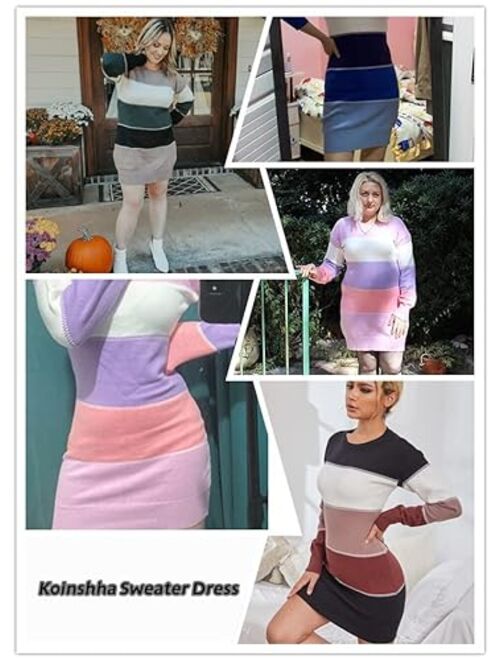 Koinshha Women's Bodycon Color Block Mini Pullover Sweater Dress Slim Fit Warm Fall Winter Pullover Sweater Dress