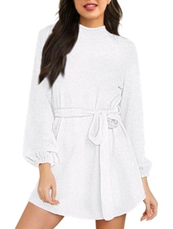 HAPCOPE Women's 2023 Fall Winter Elegant Chenille Sweater Dress Mock Neck Long Sleeve Short Dresses with Belt