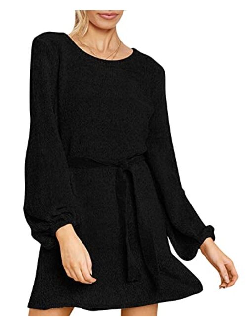 HAPCOPE Women's 2023 Fall Winter Elegant Chenille Sweater Dress Mock Neck Long Sleeve Short Dresses with Belt