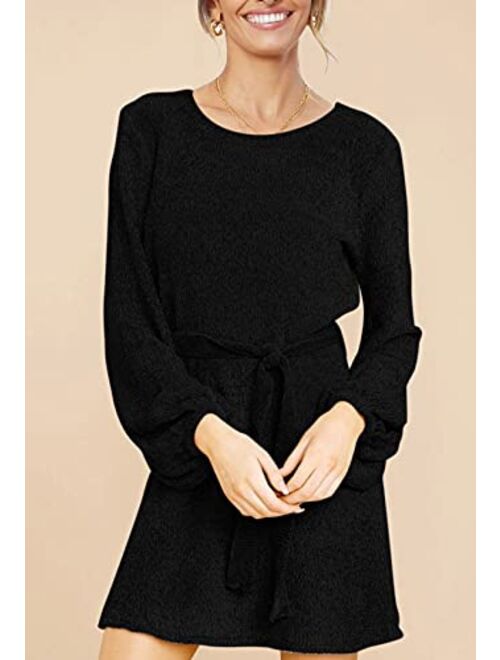 HAPCOPE Women's 2023 Fall Winter Elegant Chenille Sweater Dress Mock Neck Long Sleeve Short Dresses with Belt