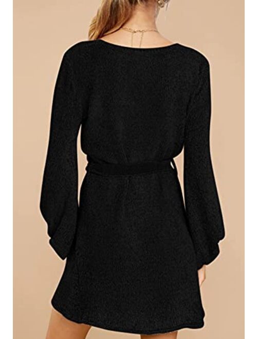 HAPCOPE Women's 2023 Fall Winter Elegant Chenille Sweater Dress Mock Neck Long Sleeve Short Dresses with Belt