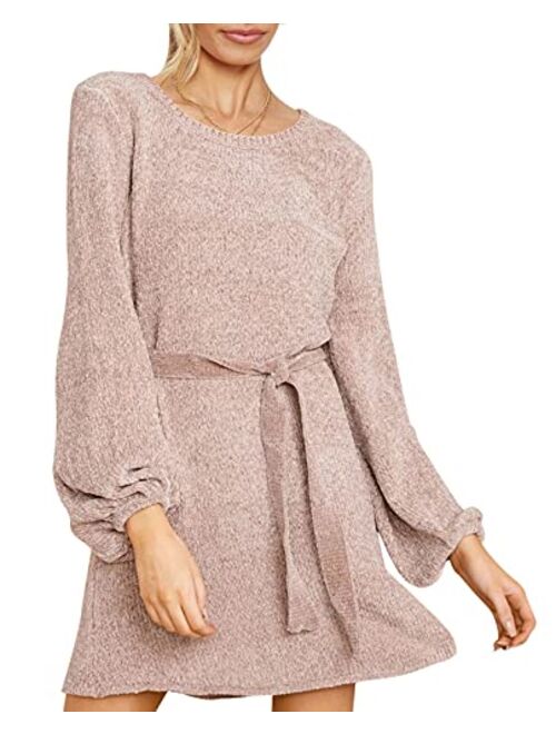 HAPCOPE Women's 2023 Fall Winter Elegant Chenille Sweater Dress Mock Neck Long Sleeve Short Dresses with Belt