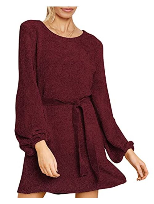 HAPCOPE Women's 2023 Fall Winter Elegant Chenille Sweater Dress Mock Neck Long Sleeve Short Dresses with Belt