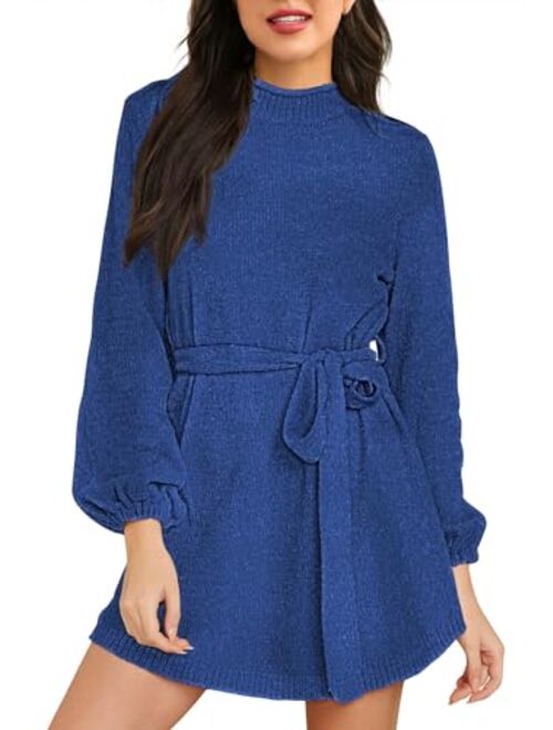 HAPCOPE Women's 2023 Fall Winter Elegant Chenille Sweater Dress Mock Neck Long Sleeve Short Dresses with Belt