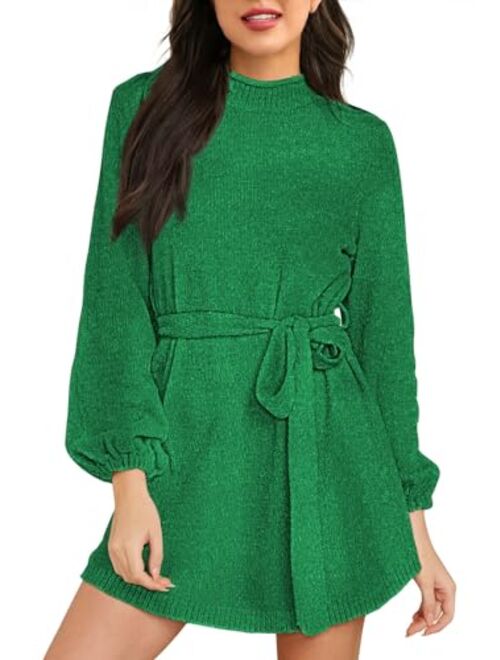 HAPCOPE Women's 2023 Fall Winter Elegant Chenille Sweater Dress Mock Neck Long Sleeve Short Dresses with Belt