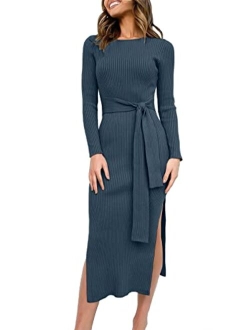 Women's 2023 Fall Elegant Sweater Dress Long Sleeve Crewneck Tie Waist Slim Rib Knit Slit Bodycon Midi Dress