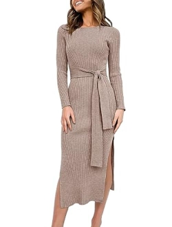 Women's 2023 Fall Elegant Sweater Dress Long Sleeve Crewneck Tie Waist Slim Rib Knit Slit Bodycon Midi Dress