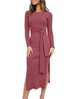 Women's 2023 Fall Elegant Sweater Dress Long Sleeve Crewneck Tie Waist Slim Rib Knit Slit Bodycon Midi Dress