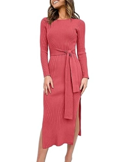 Women's 2023 Fall Elegant Sweater Dress Long Sleeve Crewneck Tie Waist Slim Rib Knit Slit Bodycon Midi Dress