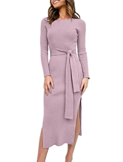 Women's 2023 Fall Elegant Sweater Dress Long Sleeve Crewneck Tie Waist Slim Rib Knit Slit Bodycon Midi Dress